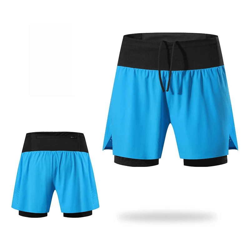 Dual-tone men's running shorts with stylish patchwork design, featuring pockets and lightweight polyester for active comfort.